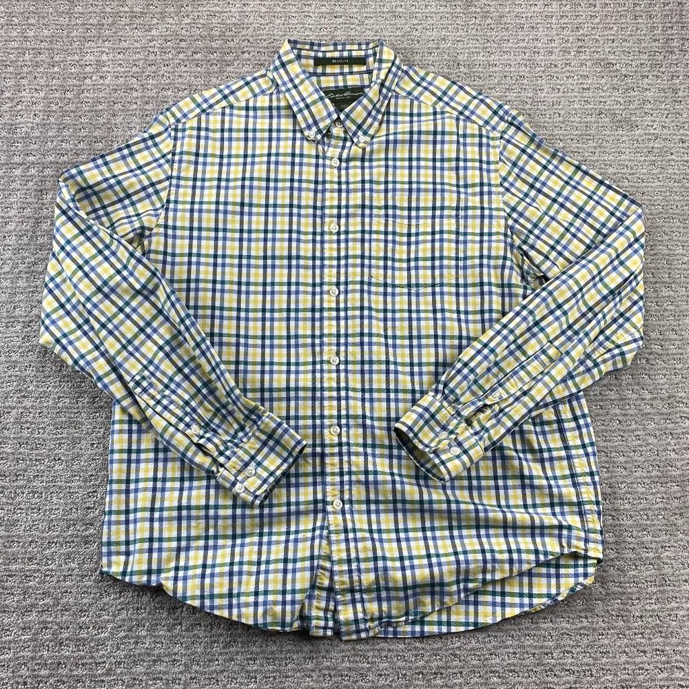 Eddie Bauer Shirt Men Large L Yellow White Blue Checkered Button Down Relaxed